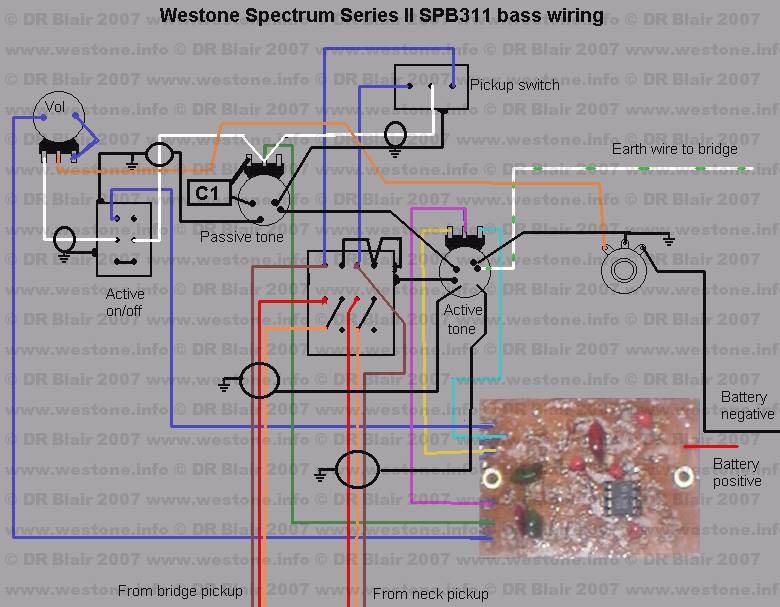 Westone Spectrum Series II SPB311 bass wiring This is the wiring diagram for my SPB311. I presume it is a 1988 model as it has 24 frets and a beveled heel. The switches are DPDT (Active on/off) and 4PDT (Dual tone switch), The pickup selector switch is a ... | Spectrum Guitar Wiring Diagram | | Westone Info
